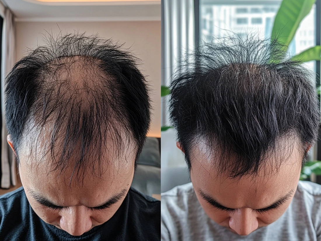 before after photo clinical hair treatment showing growth from balding dense hair 1