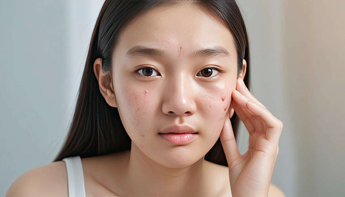closeup portrait young woman with acne her face 1