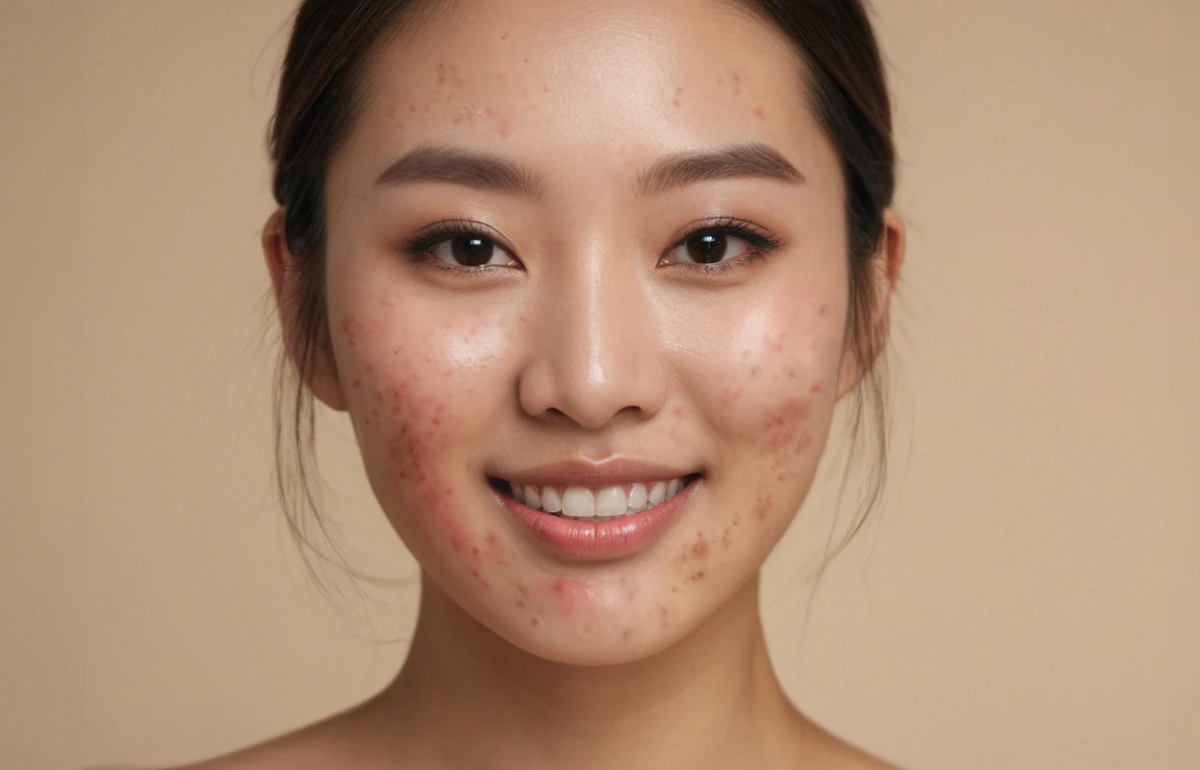 portrait asian woman with acne female model with problematic skin pimples red acne scars 1